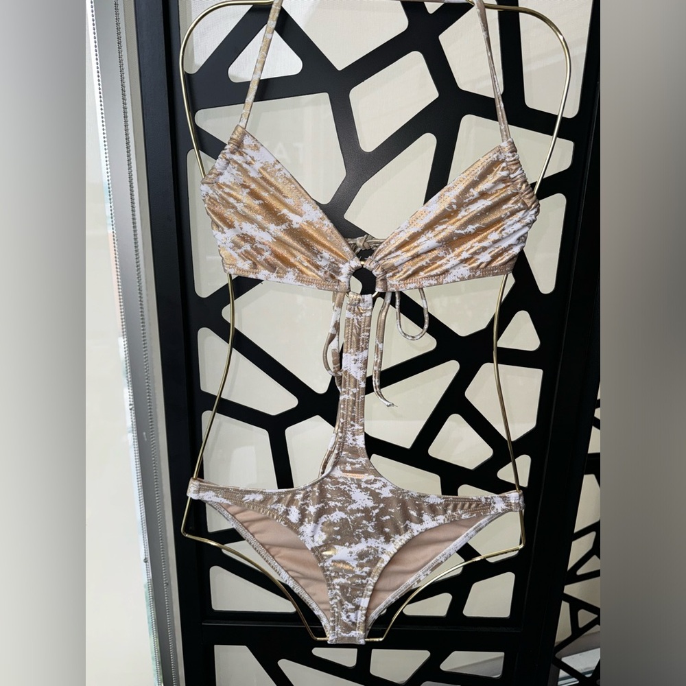 Marbled Gold Metallic and White One Piece Cheeky Swimsuit